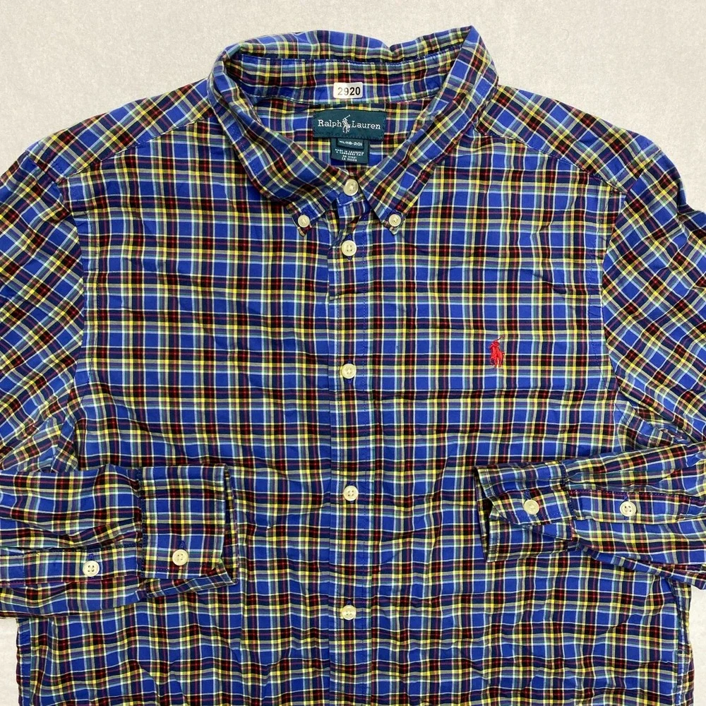 Ralph Lauren Shirt Boys XL Blue Long Sleeve Red Pony Plaid Button Down